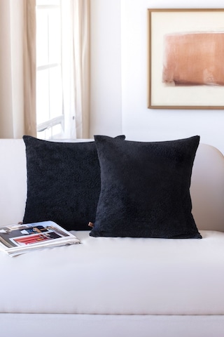 İskandinav Bohem 2'li Kırlent Kılıfı Modern Dekoratif Salon Koltuk Yastık Kılıfı 55x55 cm Teddy Puffy Siyah