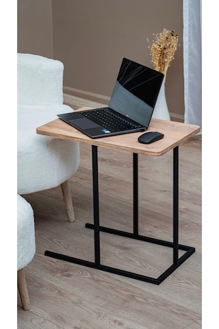 Uykula C Şekilli Laptop Sehpası Metal Ayaklı Ahşap Üst Tabla, Koltuk Altına Giren Modern Yan Sehpa Siyah