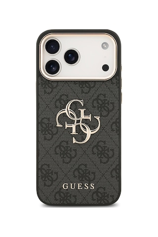 Apple Uyumlu iPhone 17 Pro Max Kılıf Guess Lisanslı Gold Metal Kamera Çerçeveli Metal Büyük 4g Yazı Logolu Siyah