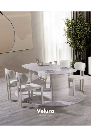 Moon Yemek Odası Takımı Yemek Masası + 4 Adet Sandalye Kırık Beyaz