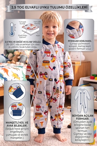 Babymod Araba Desenli 2.5 Tog Elyaf Dolgulu Premium Kaliteli Erkek Çocuk Uyku Tulumu Gri