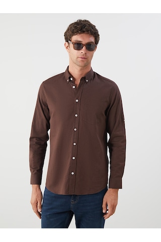 Lcwaıkıkı Classic Kahverengi Regular Fit Uzun Kollu Keten Karışımlı Erkek Gömlek
