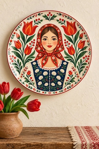 Dekoratif Duvar Tabağı Laleli Halk Masalı Dekorlu Seramik Tabak Bej