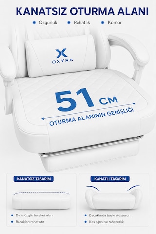 Oxyra Mooncha Oyuncu Koltuğu Premium Komple Beyaz Terletmez Deri Ayak Destekli
