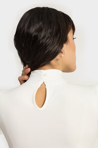 Açelyaokcu Yarım Balıkçı Dik Yaka Altı Çıt Çıtlı Bodysuit Bluz Beyaz