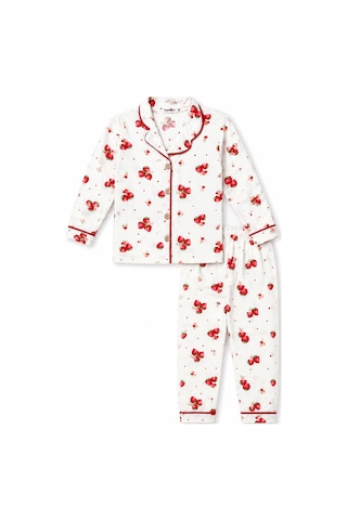 Beniizle Kız Çocuk Çilek Desenli Uzun Kollu Pijama Takımı Beyaz