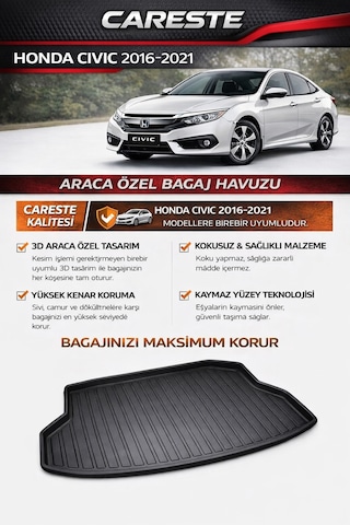 Honda Civic 2016-2021 Sedan Bagaj Havuzu 3d Araca Özel Yüksek Kenarlı