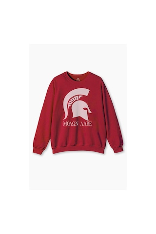 Kırmızı Sweatshirt Moaon Aabe Spartan Kask Savaşçı Kışlık Erkek Sweatshirt Kırmızı
