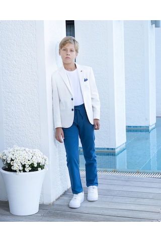 Erkek Çocuk Ekru Takım Elbise Keten Spor Takım Ceket Pantolon Tişort 3-14 Yaş Ekru