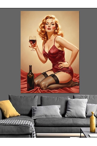 Şarap İçen Kırmızı Gecelikli Seksi Retro Kadın Dekoratif Kanvas - Mdf Ahşap Tablo