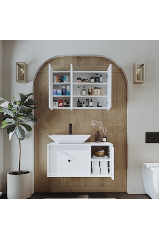 Çanak Lavabolu Mat Mdf 90 Cm Banyo Dolabı + Aynalı Dolap Beyaz Mat Beyaz