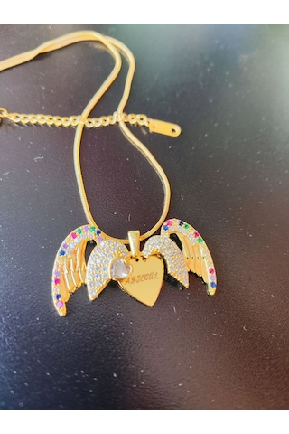 Çelik Kolye Kişiye Özel İsim Yazılı Kalpli Melek Kanadı Altın