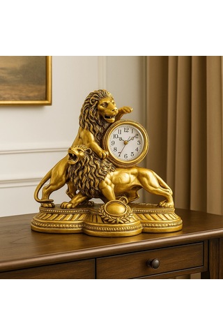 Gümüş Gold Aslan Figürlü Masa Saati 28x26 Gold