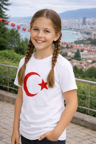 Parti Selesi Unisex 3 Adet Çocuk Bayrak Baskılı Kısa Kollu T-shirt Beyaz
