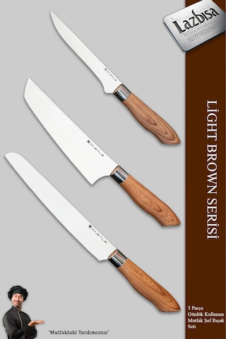 Light Brown Serisi Mutfak Bıçak Et Sebze 3 Lü Şef Bıçağı Mft-749 Kahverengi