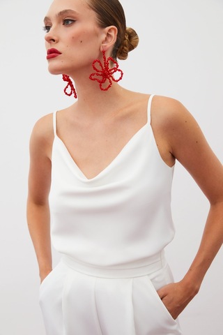 Sateen Degaje Yaka Saten Bluz - Ekru-133243
