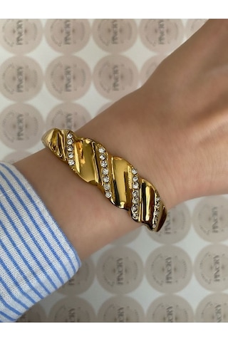 Pinery Jewels İri Taşlı Modern Paslanmaz Çelik Kelepçe Bileklik -günlük Ve Özel Altın
