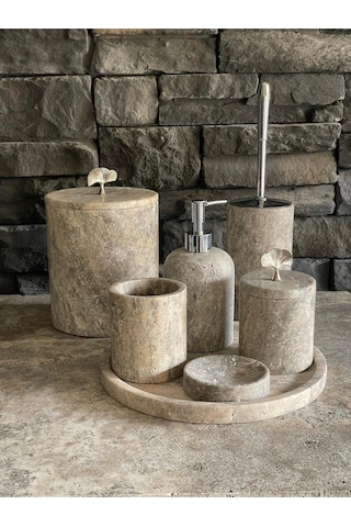 Yeni Silver Gümüş Traverten 7'li Banyo Seti Aksesuarlı Beyaz