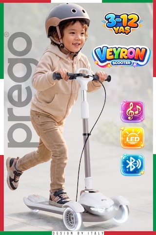 Prego Veyron Bluetoothlu Müzikli Işıklı Çocuk Scooter Katlanabilir - Yükseklik Ayarlı Bej