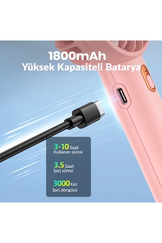 Warmco K30 Taşınabilir Şarjlı Mini El Vantilatörü 1800mah 3 Kademeli Standlı Soğutucu Fan Pembe