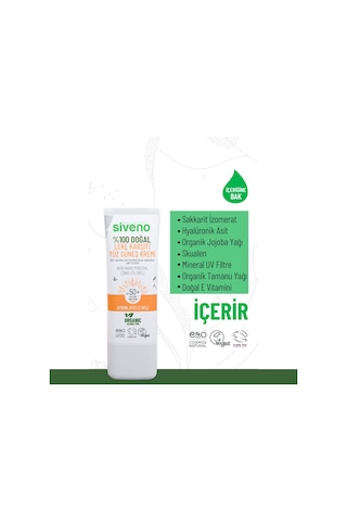 Siveno %100 Doğal Yüz Güneş Kremi Leke Karşıtı Aydınlatıcı Çinko Mineral Filtre UVA UVB SPF 50+ 30 ML