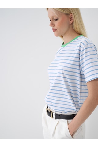 %100 Pamuk Oversize Çizgili Tişört 24yb02602335-06 Mavi