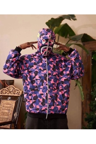 Unisex 2 İplik Bape Kapüşonu Fermuarlı Hırka - Mor Mor