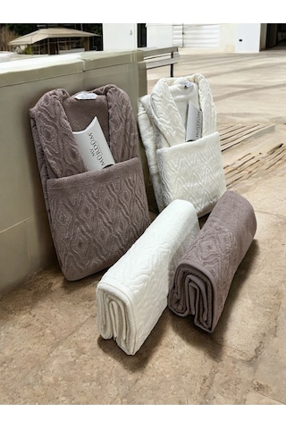 Banyo Çeyiz Seti, %100 Pamuk Bornoz Takımı, 8 Parça Aile Bornoz Seti, Havlu & Havlu Seti Kahve-krem Kahverengi