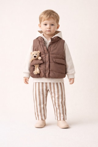 Harika Kids Erkek Bebek 3 Lü Takım 9-24 Ay Şişme Yelek %100 Pamuk Sweatshirt Gabardin Pantolon Kahverengi
