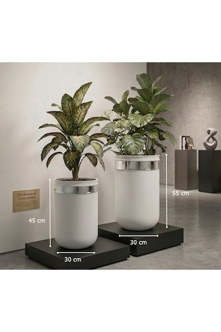 Dekoratif Glossia Beyaz Gümüş 55 Cm Ve 45 Cm İkili Saksı Set