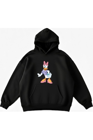Maki Home Makiteks Siyah Pamuklu Unisex Kanguru Cepli Kapüşonlu Rahat Kesim Sevimli Ördek Baskılı Sweatshirt SiYAH