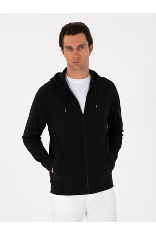 Siyah Regular Fit Tam Fermuarlı Kapüşonlu Sweatshirt