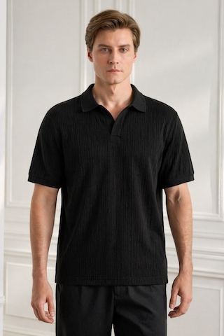 Tarz Cool Erkek Jakar Desenli Düğmesiz Polo Yaka Tişört Slim Fit Yazlık Triko Tişört Siyah