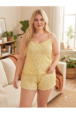 Büyük Beden Askılı Şortlu Likralı Kumaş Pijama Takım Sarı