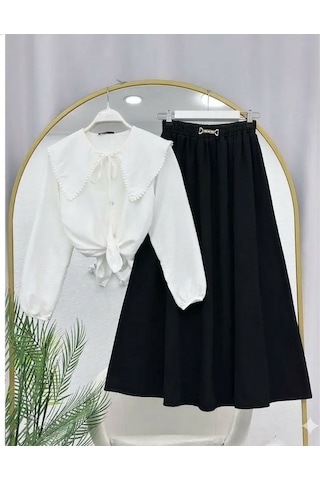 Lovie Moda Kadın Kot Etekli Takım - Siyah Gri