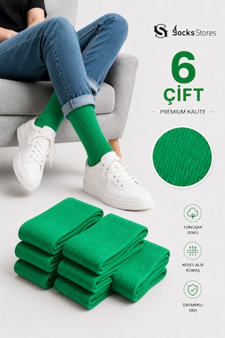 Socks Stores 6 Çift Unisex Renkli Pamuklu Soket Çorap - Renkli Tenis Boy Çorap Yeşil