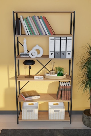 Dekoratif Metal Kitaplık 6 Raflı Kitaplık Dosya Rafı 180 Cm Çam