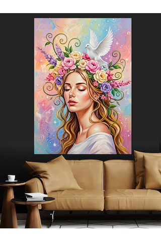 Çiçek Taçlı Peri Kız Dekoratif Kanvas - Mdf Ahşap Tablo