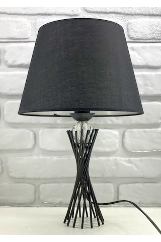 Siyah Burgu Metal Ayaklı Kristal Cam Toplu Kumaş Şapkalı Abajur Siyah