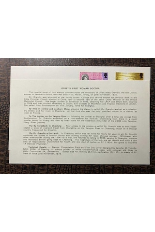 İngiliz Sömürge İngiltere İlk Gün Zarfı Ve Pulları Fdc Jersey'in İlk Kadın Doktoru Temalı Damgalı Tam Seri Jersey 1976, Dr Lilian Grandin'in Yıldönümü
