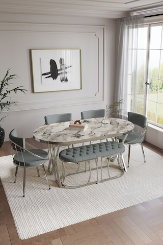 Selenit Mutfak Yemek Masası Takımı- 6 Kişilik Mutfak Masa Sandalye Takımı- Mutfak Masası Takımı Beyaz Mermer Model