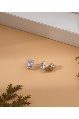 925 Ayar Rodyum Baget Kesim Pembe Taşlı Minimal Günlük Gümüş Küpe Gümüş