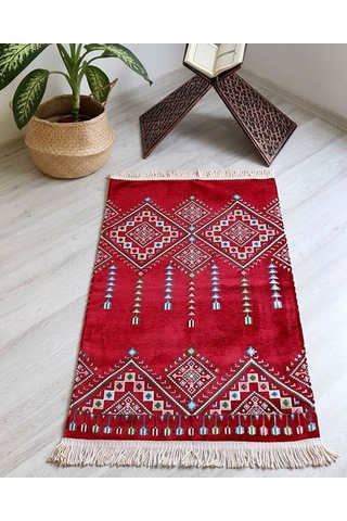 Çeyizlik Hediyelik Seccade Eşarp Tesbih Set Kilim Desenli Kadife Astarlı Seccade, Eşarp, Kristal Tesbih Özel Kutulu Lüks Hediye Seti Bordo