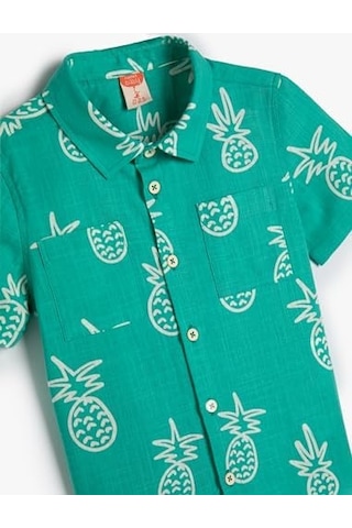 Gömlek Kısa Kollu Ananas Baskılı Cep Detaylı Acı Kahve