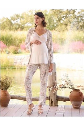 Monamise 24076 Çiçek Desenli Hamile Lohusa 3 Lü Pijama Sabahlık Tk 001