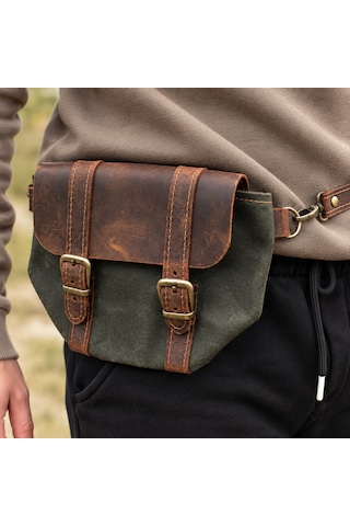 Hemlabel Hakiki Deri Detaylı Kanvas Bel Çantası Vintage Outdoor Kamp Edc Günlük Kullanım Çantası Yeşil-kahverengi