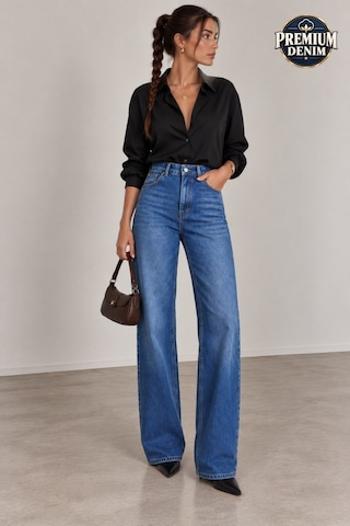 Vadon 1055 Kadın Yüksek Bel Kar Yıkamalı Wide Leg Geniş Paça Jean Pantolon Koyu Mavi