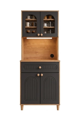 Barista Led Aydınlatmalı Kahve Köşesi Dolabı Retro Büfe 195cm Mdf Antrasit Gri