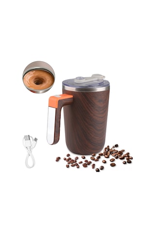 Vkemall 55 C Sabit Sıcaklık Li-ion Şarjlı 304 Çelik Magnetik Karıştırıcı Bardak - 300ml Ip65 Su Geçirmez Ofis/kahve/çikolata - Ut-52 Açık Ahşap Desenli Açık Ahşap