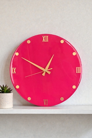 Dekoratif Epoksi Duvar Saati 40 Cm, Fuşya Pembe Modern Tasarım, Altın Detaylı, Sessiz Mekanizma, Yeni Ev Hediyesi Pembe